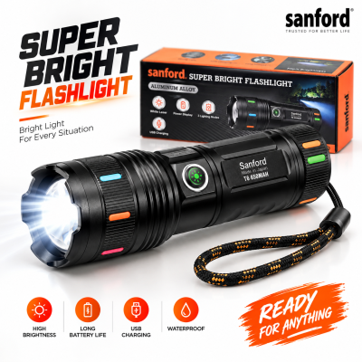 Sanford Super Bright White Laser LED Flashlight – Made in Japan High-Power Tactical Torch with 18650mAh Battery, Digital Display, Power Bank & Type-C Charging